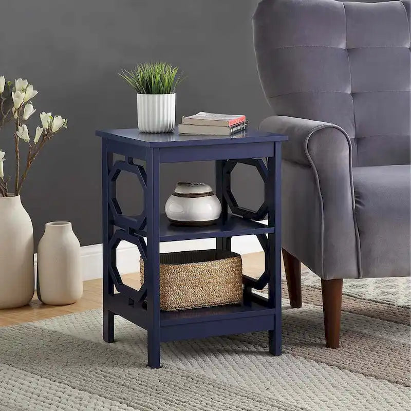 Table d'appoint blanche contemporaine à 3 niveaux avec découpes octogonales