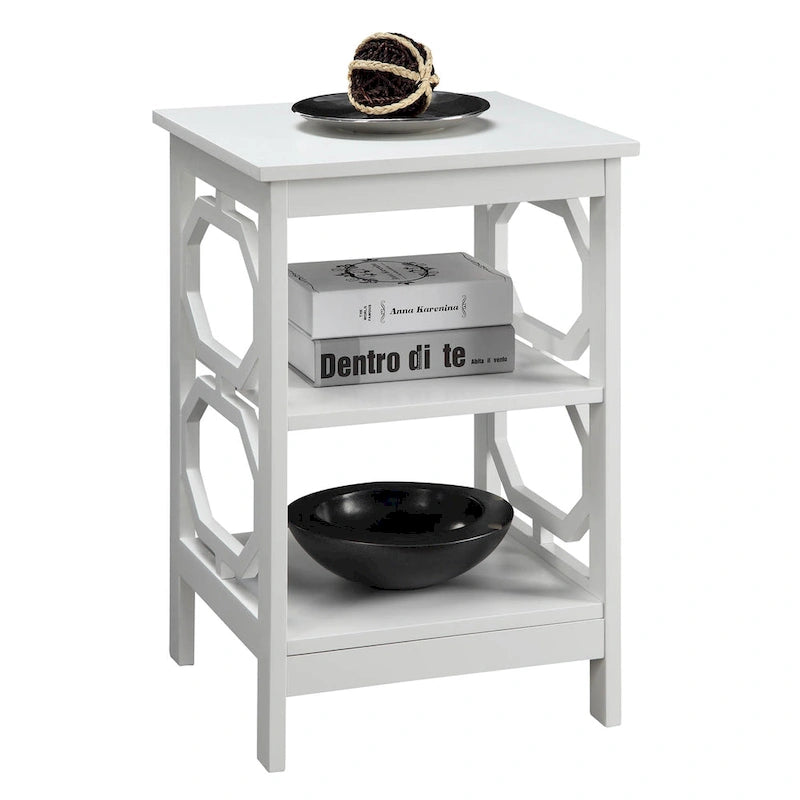 Table d'appoint blanche contemporaine à 3 niveaux avec découpes octogonales