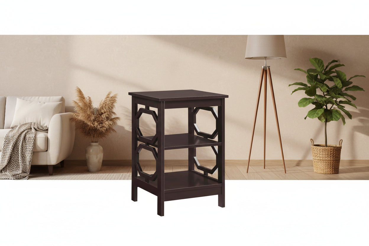 Table d'appoint blanche contemporaine à 3 niveaux avec découpes octogonales