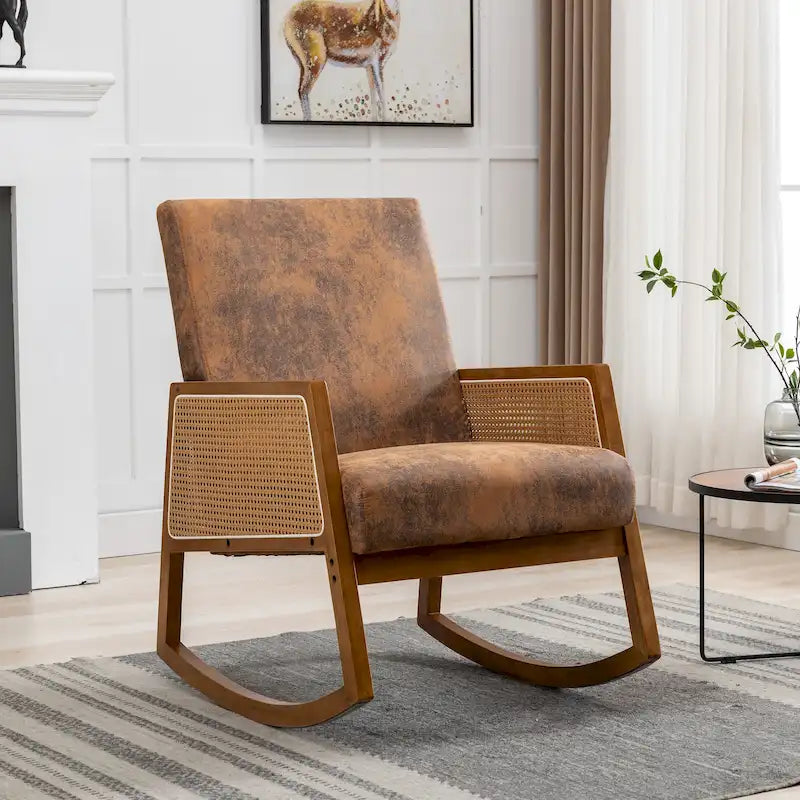 Fauteuil à bascule moderne SEYNAR en cuir PU avec accoudoirs en rotin