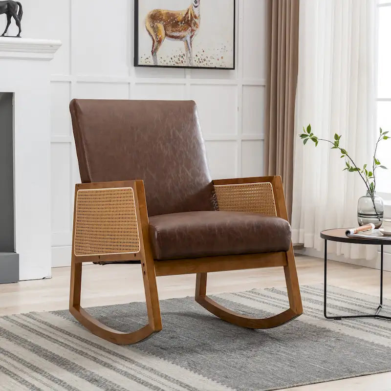 Fauteuil à bascule moderne SEYNAR en cuir PU avec accoudoirs en rotin