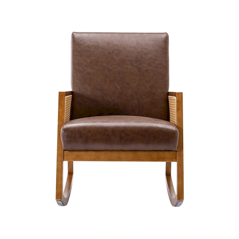 Fauteuil à bascule moderne SEYNAR en cuir PU avec accoudoirs en rotin