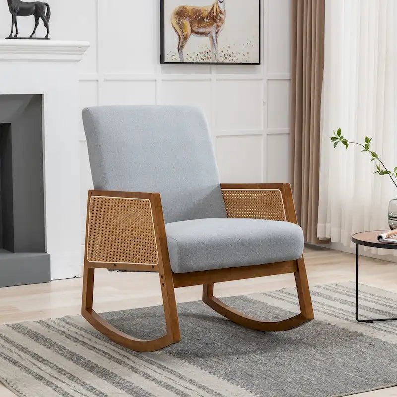 Fauteuil à bascule moderne SEYNAR en cuir PU avec accoudoirs en rotin