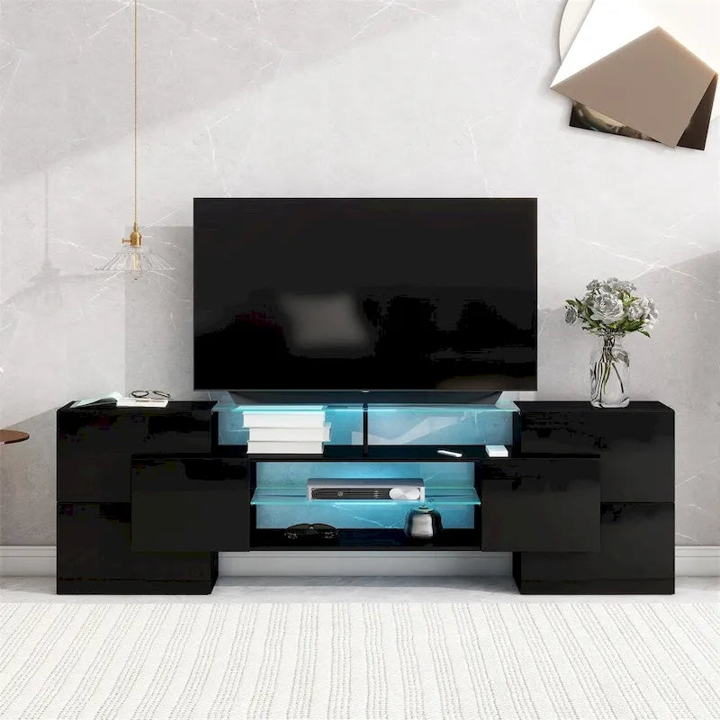 Meuble TV Merax avec 2 étagères en verre illuminées, meuble TV laqué brillant pour téléviseurs jusqu'à 80 pouces - n/a