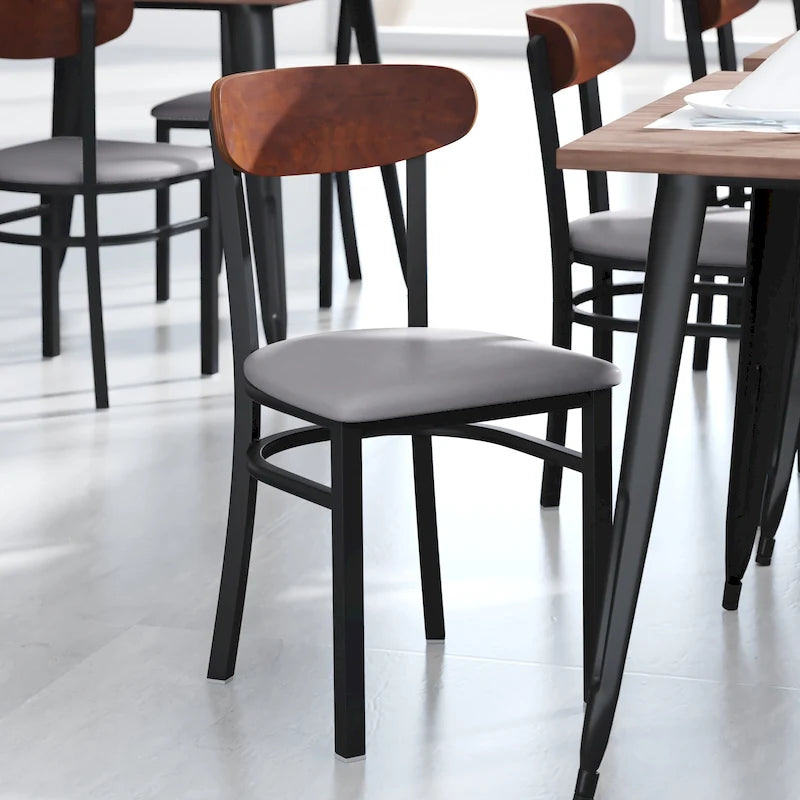 Chaises de salle à manger en bouleau et noyer, dossier en bois et assise en vinyle, hauteur bar, lot de 2