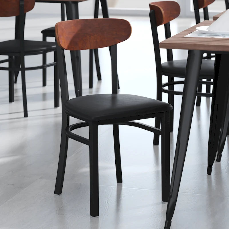 Chaises de salle à manger en bouleau et noyer, dossier en bois et assise en vinyle, hauteur bar, lot de 2