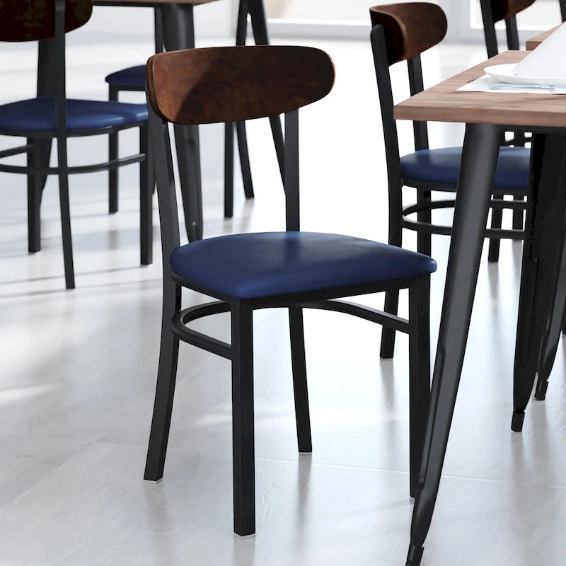 Chaises de salle à manger en bouleau et noyer, dossier en bois et assise en vinyle, hauteur bar, lot de 2