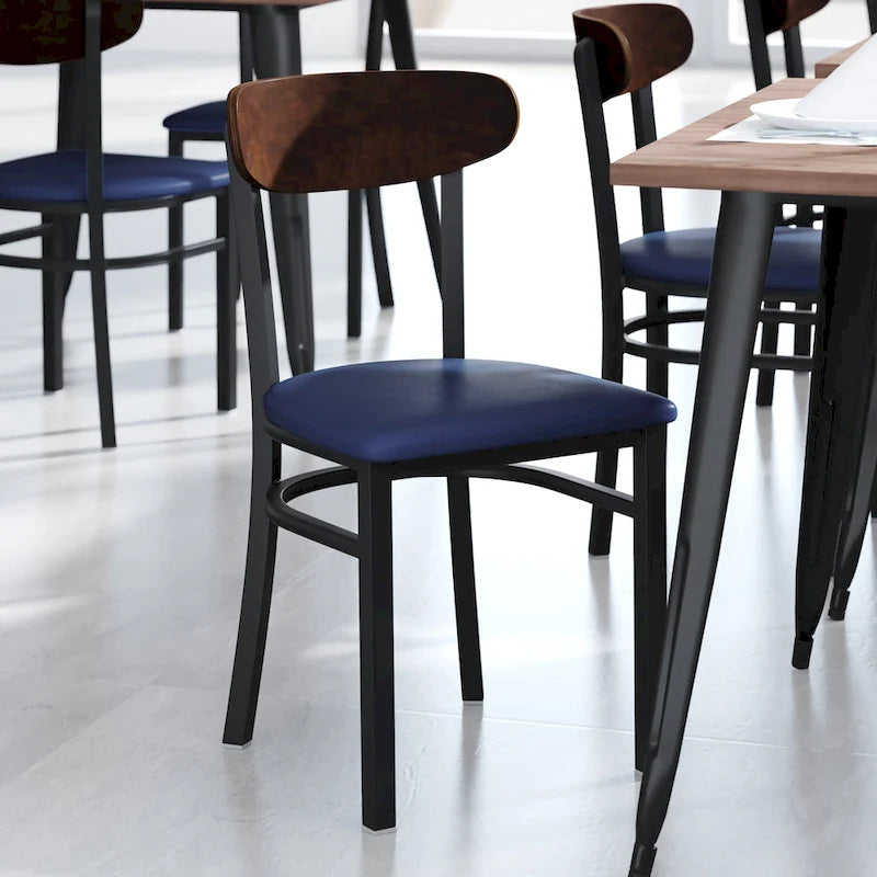 Chaises de salle à manger en bouleau et noyer, dossier en bois et assise en vinyle, hauteur bar, lot de 2