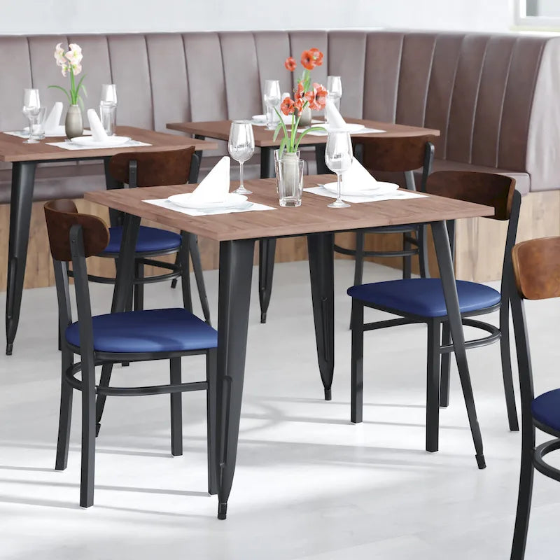 Chaises de salle à manger en bouleau et noyer, dossier en bois et assise en vinyle, hauteur bar, lot de 2