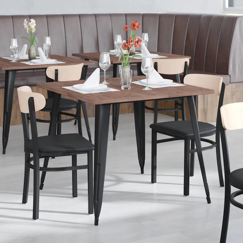 Chaises de salle à manger en bouleau et noyer, dossier en bois et assise en vinyle, hauteur bar, lot de 2