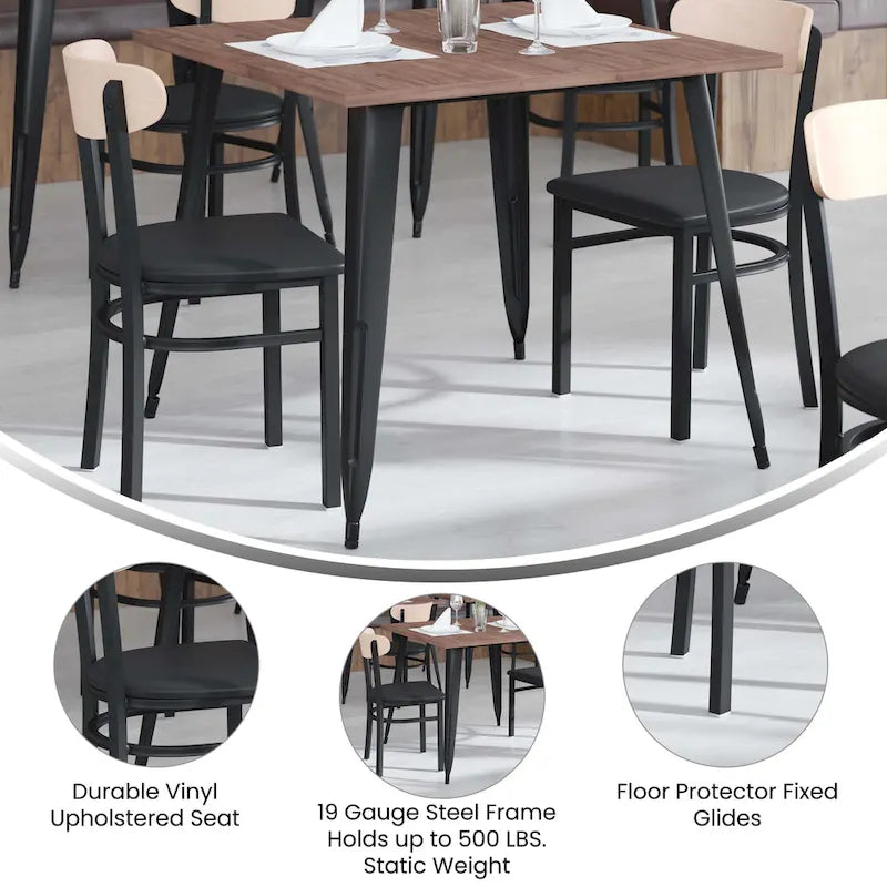 Chaises de salle à manger en bouleau et noyer, dossier en bois et assise en vinyle, hauteur bar, lot de 2