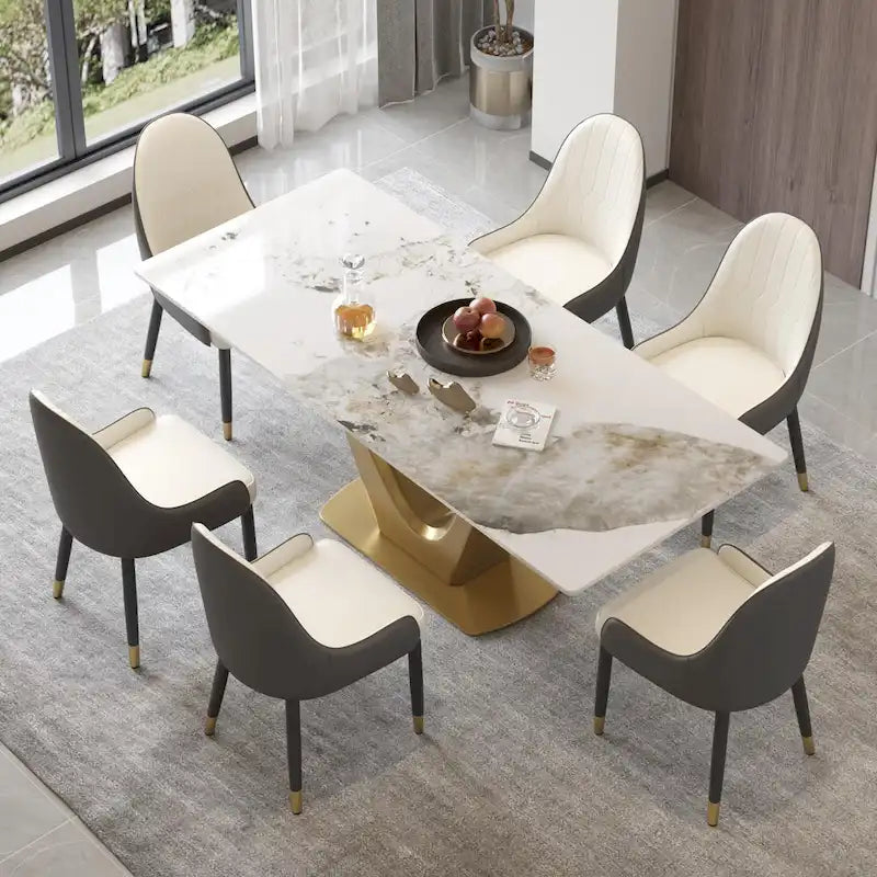 V Shape Pedestal Modern Marble Dining Table Slate Kitchen Table