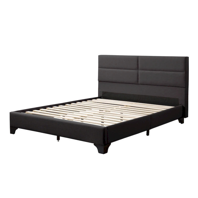 Lit rembourré queen-size à panneaux rectangulaires, crème/gris foncé/bleu/gris clair – 2 places