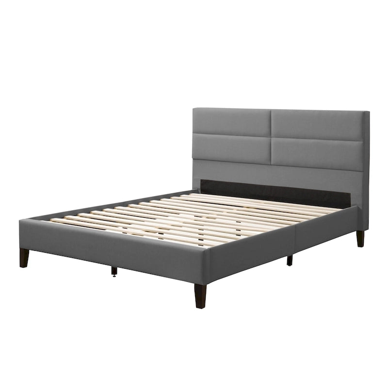Lit rembourré queen-size à panneaux rectangulaires, crème/gris foncé/bleu/gris clair – 2 places