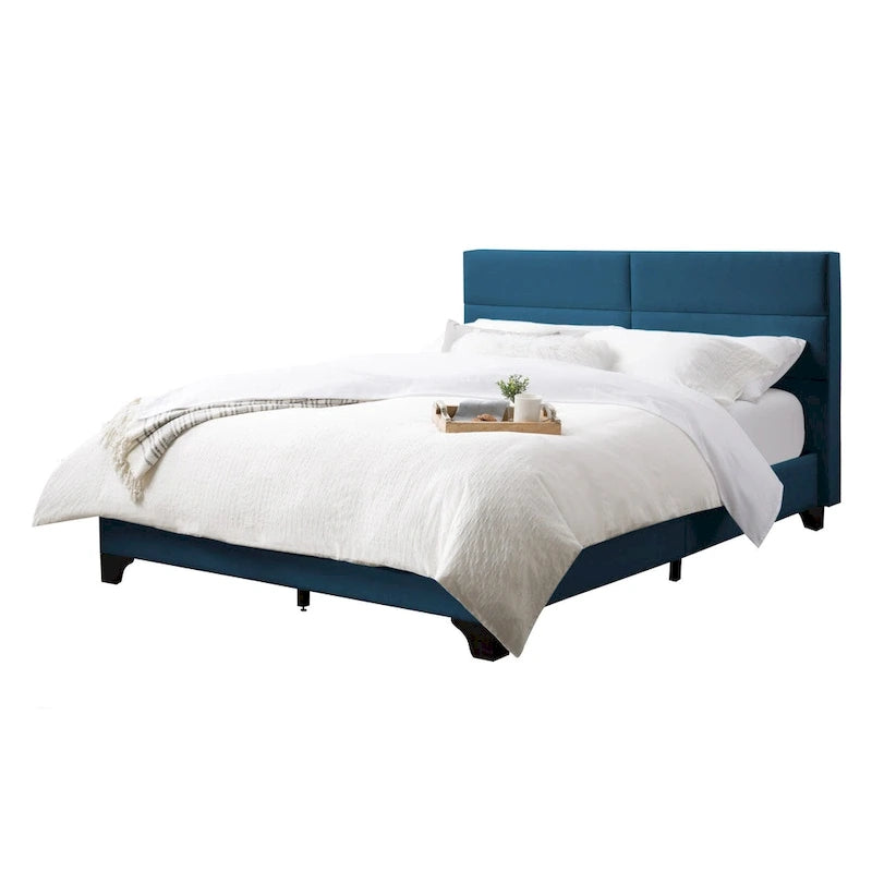 Lit rembourré queen-size à panneaux rectangulaires, crème/gris foncé/bleu/gris clair – 2 places