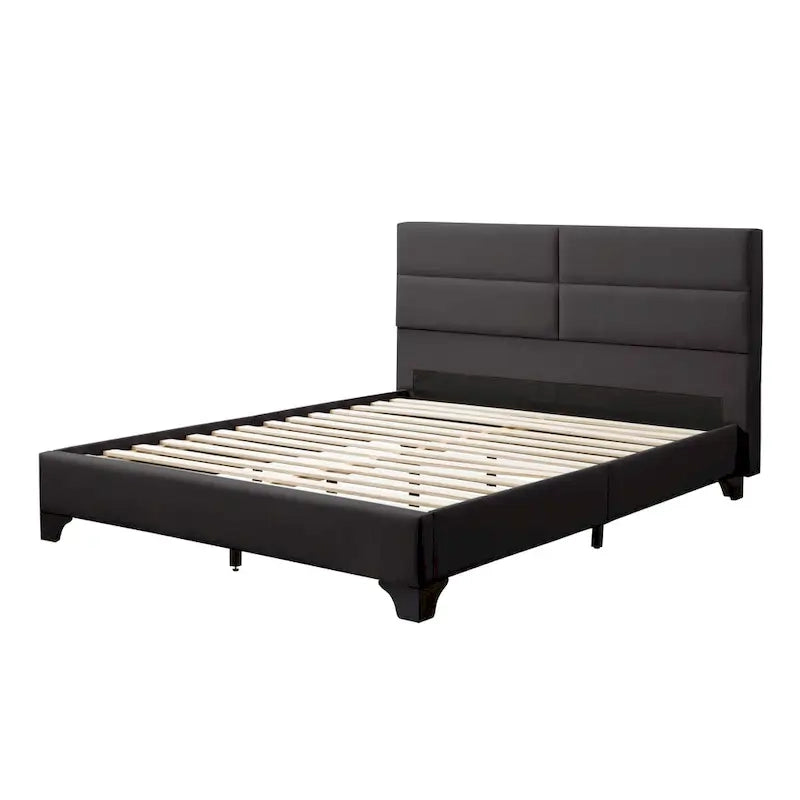 Lit rembourré queen-size à panneaux rectangulaires, crème/gris foncé/bleu/gris clair – 2 places