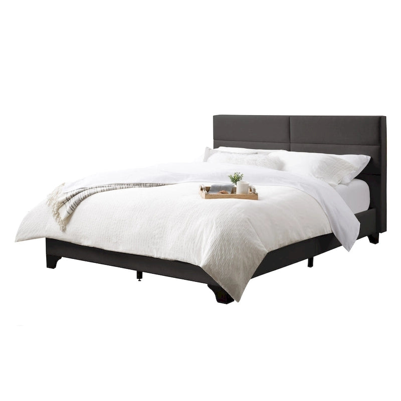 Lit rembourré queen-size à panneaux rectangulaires, crème/gris foncé/bleu/gris clair – 2 places