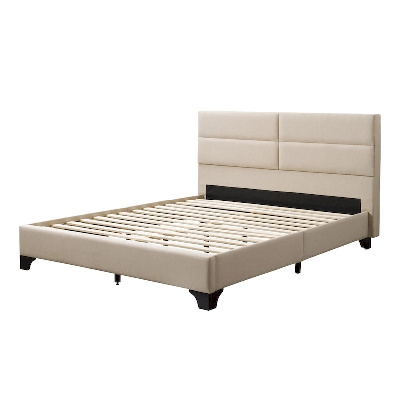 Lit rembourré queen-size à panneaux rectangulaires, crème/gris foncé/bleu/gris clair – 2 places