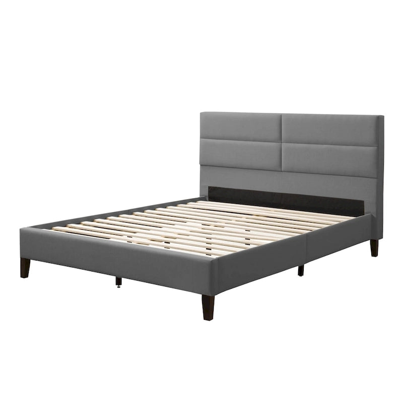Lit rembourré queen-size à panneaux rectangulaires, crème/gris foncé/bleu/gris clair – 2 places