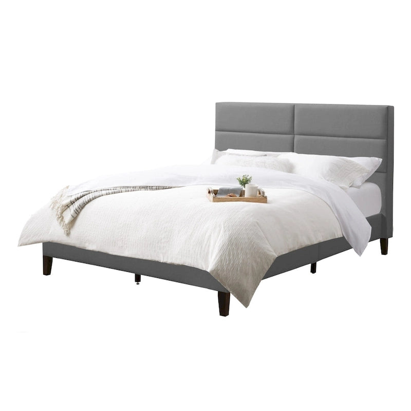 Lit rembourré queen-size à panneaux rectangulaires, crème/gris foncé/bleu/gris clair – 2 places