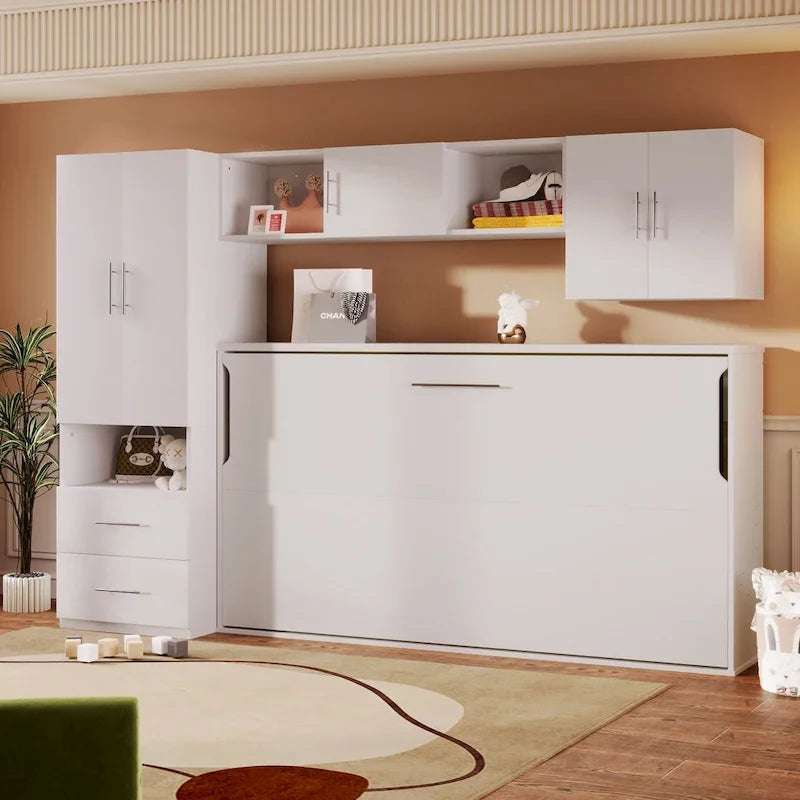 Lit mural escamotable double blanc avec armoire, étagères et bureau intégré (1 personne)