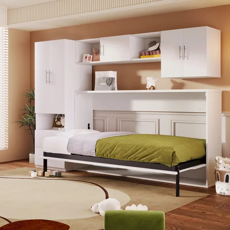 Lit mural escamotable double blanc avec armoire, étagères et bureau intégré (1 personne)