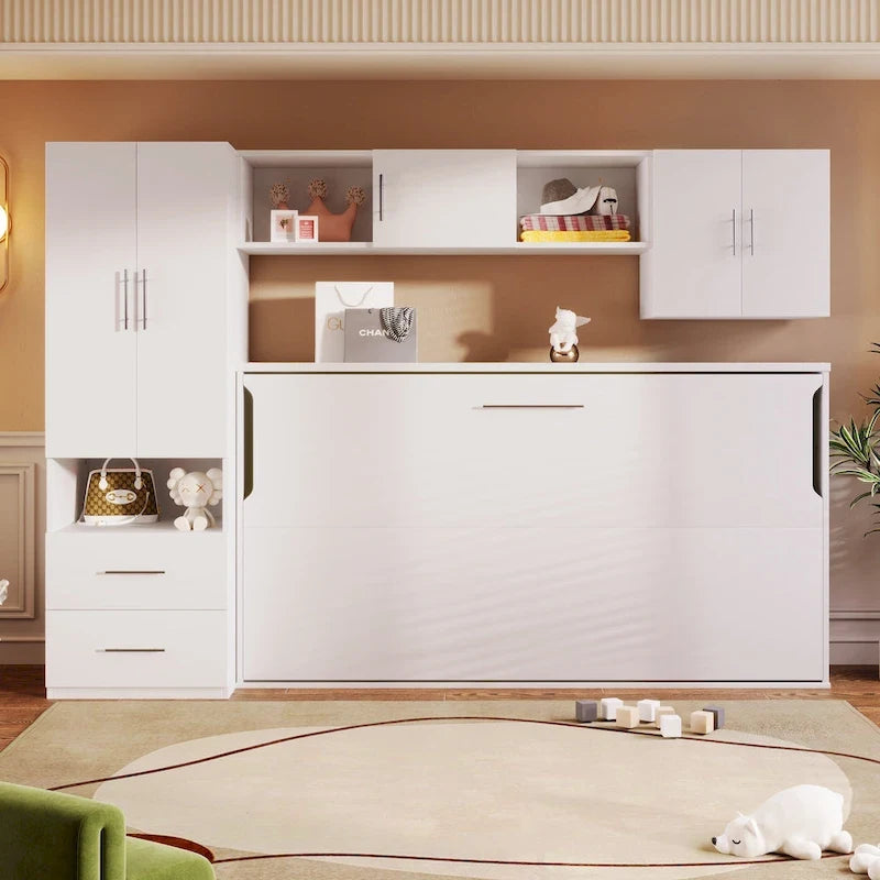 Lit mural escamotable double blanc avec armoire, étagères et bureau intégré (1 personne)