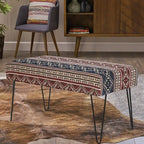 Banc ottoman rectangulaire en tissu gris / rouge et bleu, 2 places
