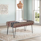 Banc ottoman rectangulaire en tissu gris / rouge et bleu, 2 places