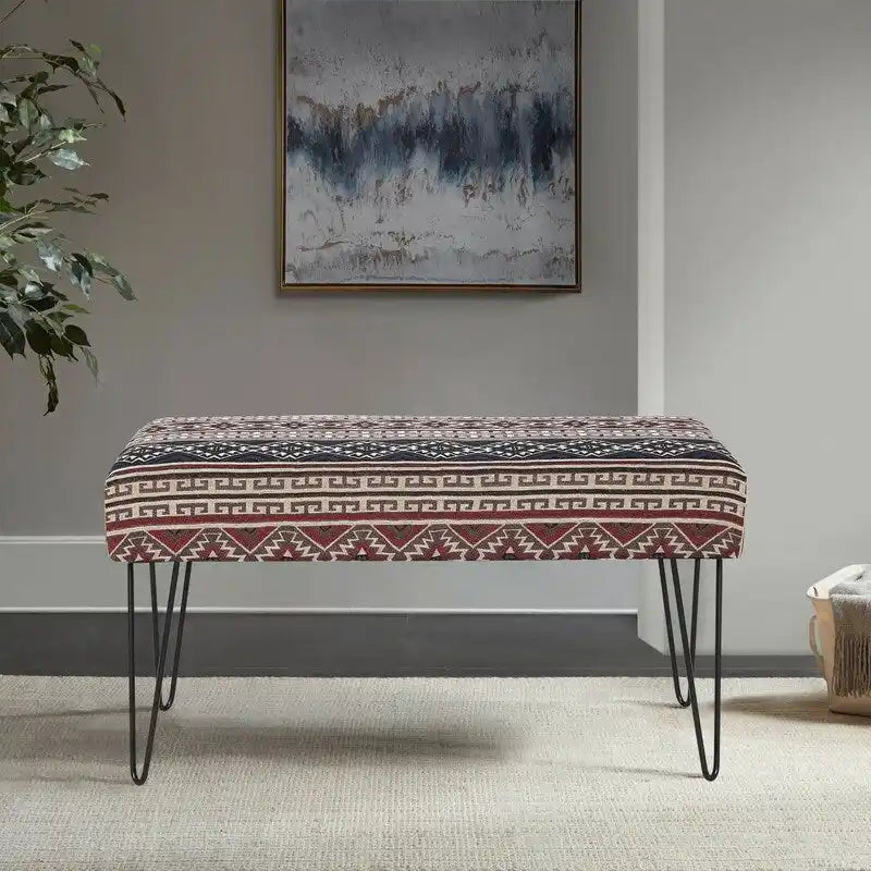 Banc ottoman rectangulaire en tissu gris / rouge et bleu, 2 places