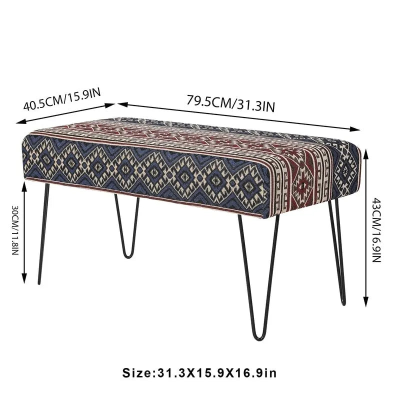 Banc ottoman rectangulaire en tissu gris / rouge et bleu, 2 places
