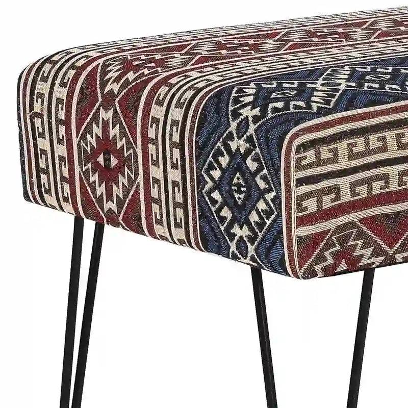 Banc ottoman rectangulaire en tissu gris / rouge et bleu, 2 places