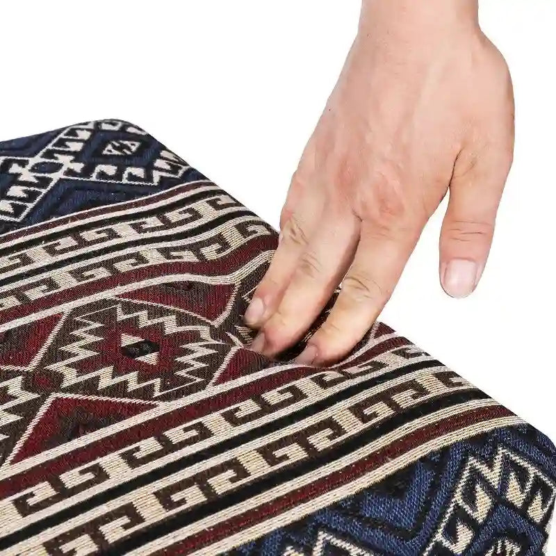 Banc ottoman rectangulaire en tissu gris / rouge et bleu, 2 places