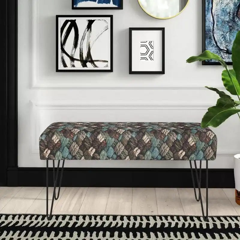 Banc ottoman rectangulaire en tissu gris / rouge et bleu, 2 places