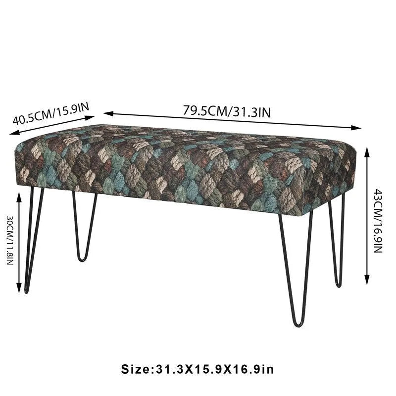 Banc ottoman rectangulaire en tissu gris / rouge et bleu, 2 places