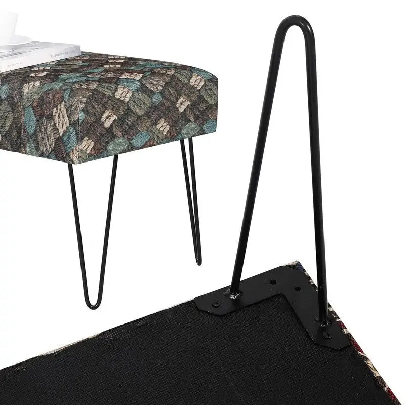 Banc ottoman rectangulaire en tissu gris / rouge et bleu, 2 places
