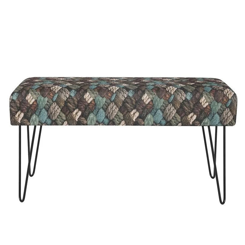 Banc ottoman rectangulaire en tissu gris / rouge et bleu, 2 places