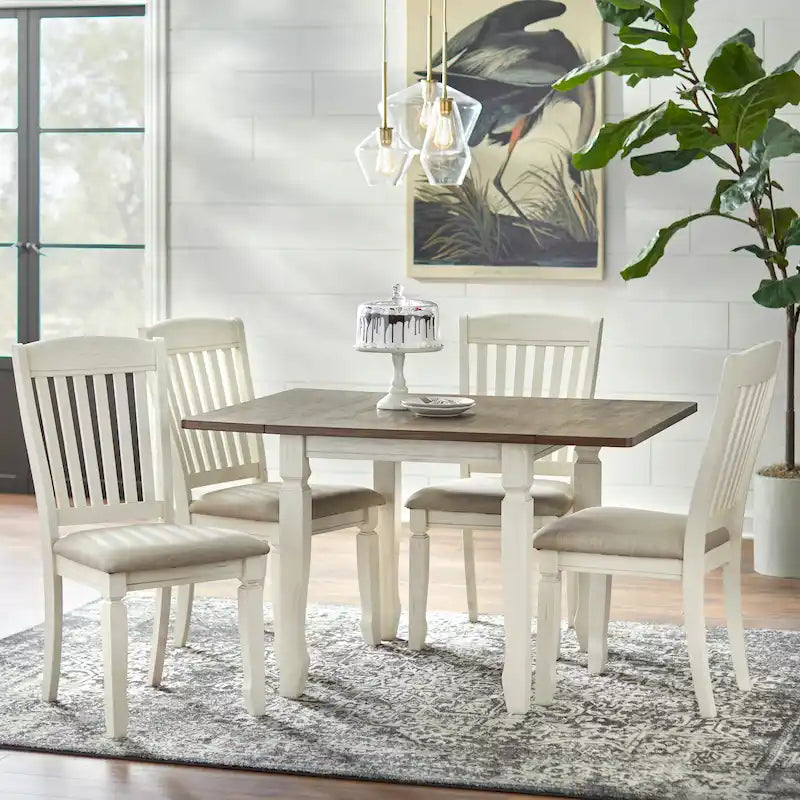 Salle à manger 5 pièces avec table à rallonges et chaises en noyer et blanc antique, 4 places