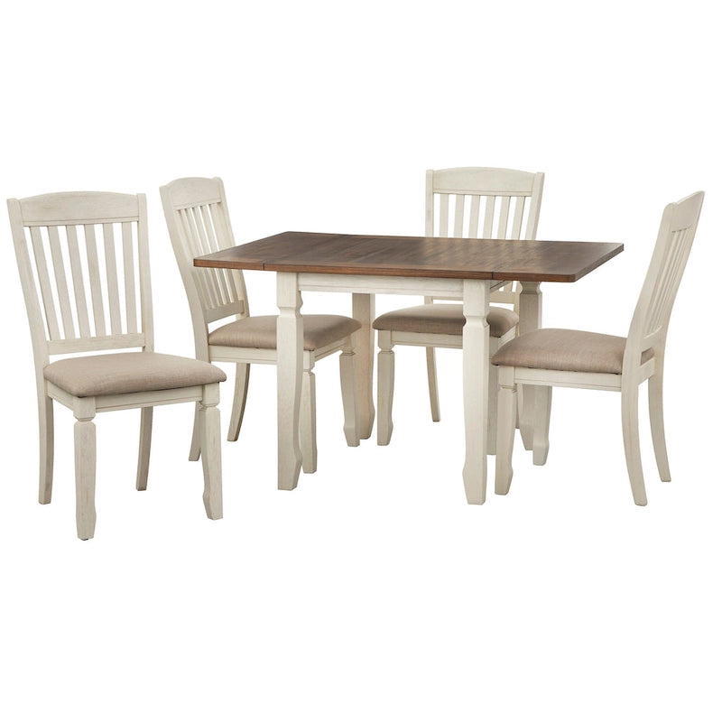 Salle à manger 5 pièces avec table à rallonges et chaises en noyer et blanc antique, 4 places