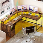 Bureau d'angle en L Marron/Blanc/Noir/Chêne avec Bande LED, Support d'écran et Rangement, 1 personne