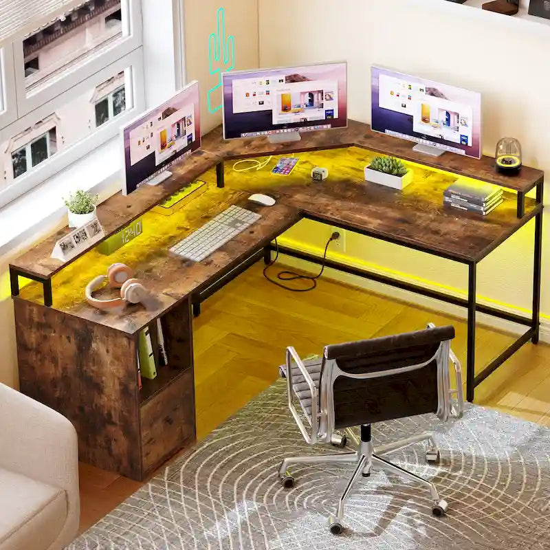 Bureau d'angle en L Marron/Blanc/Noir/Chêne avec Bande LED, Support d'écran et Rangement, 1 personne