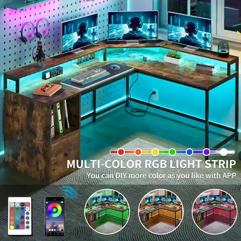 Bureau d'angle en L Marron/Blanc/Noir/Chêne avec Bande LED, Support d'écran et Rangement, 1 personne