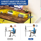 Bureau d'angle en L Marron/Blanc/Noir/Chêne avec Bande LED, Support d'écran et Rangement, 1 personne