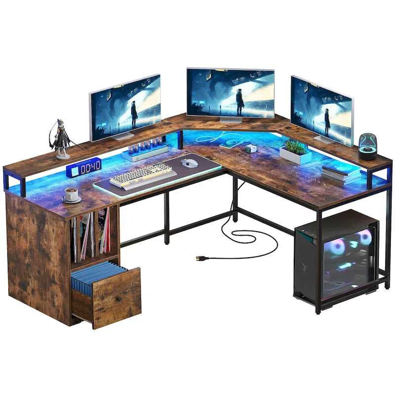 Bureau d'angle en L Marron/Blanc/Noir/Chêne avec Bande LED, Support d'écran et Rangement, 1 personne