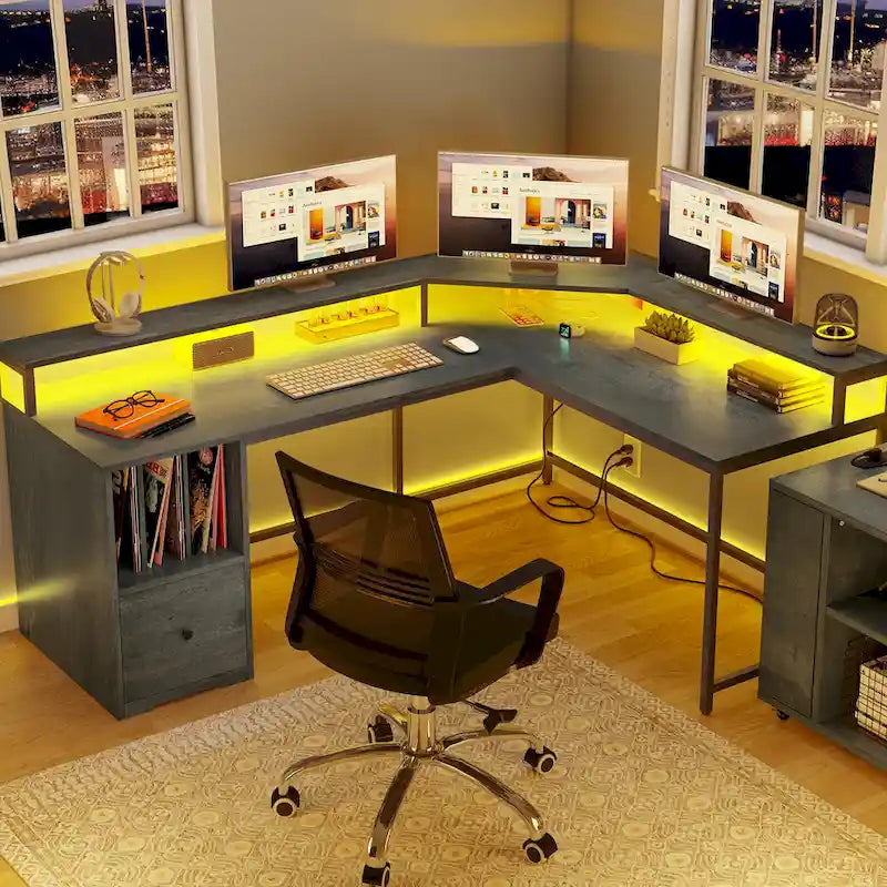 Bureau d'angle en L Marron/Blanc/Noir/Chêne avec Bande LED, Support d'écran et Rangement, 1 personne