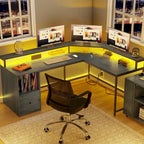 Bureau d'angle en L Marron/Blanc/Noir/Chêne avec Bande LED, Support d'écran et Rangement, 1 personne