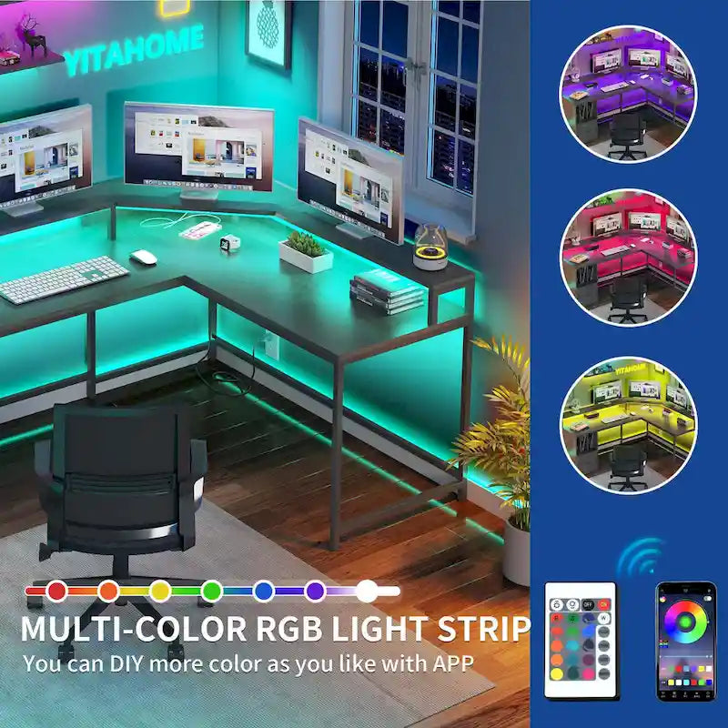 Bureau d'angle en L Marron/Blanc/Noir/Chêne avec Bande LED, Support d'écran et Rangement, 1 personne