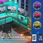 Bureau d'angle en L Marron/Blanc/Noir/Chêne avec Bande LED, Support d'écran et Rangement, 1 personne