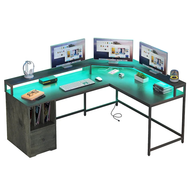 Bureau d'angle en L Marron/Blanc/Noir/Chêne avec Bande LED, Support d'écran et Rangement, 1 personne