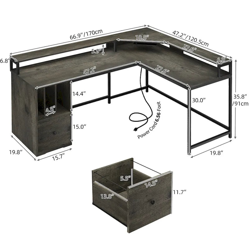 Bureau d'angle en L Marron/Blanc/Noir/Chêne avec Bande LED, Support d'écran et Rangement, 1 personne